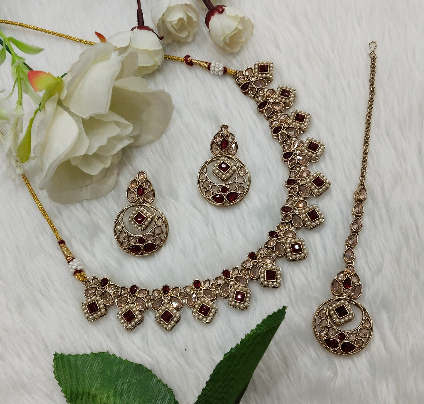 Maroon Antique Gold Necklace Jewellery Race Set