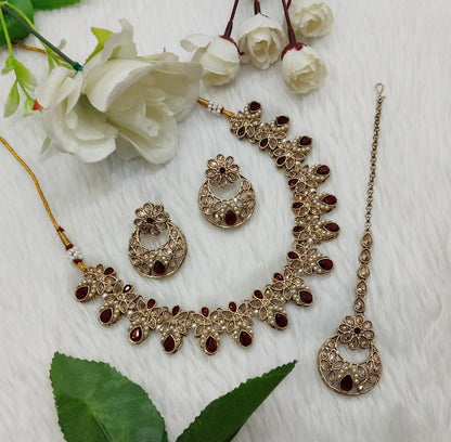 Maroon Antique Gold Necklace Jewellery Race Set