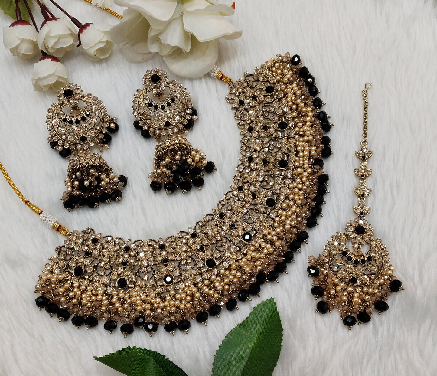Black Antique Gold Necklace Jewellery Rcb Set