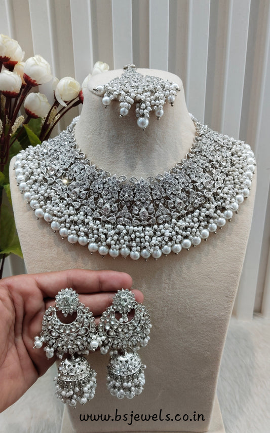 Silver White Necklace Jewellery Rcb Set
