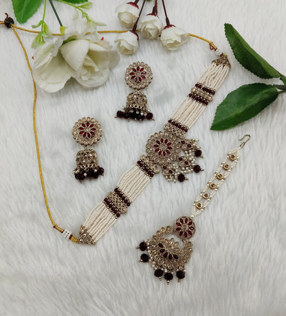Maroon Antique Gold Choker Jewellery Alan Set