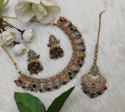 Multi Color Antique Gold Necklace Jewellery Topply Set