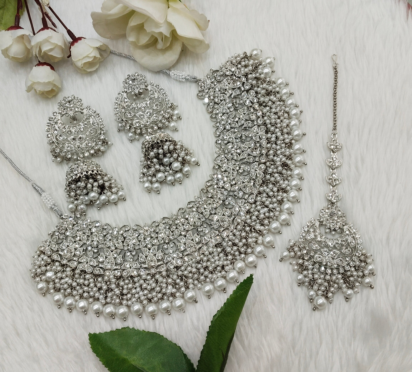 Silver White Necklace Jewellery Rcb Set