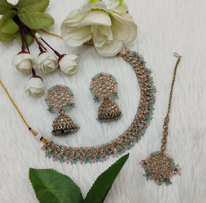 Mint Pink Antique Gold Necklace Jewellery Naman Set