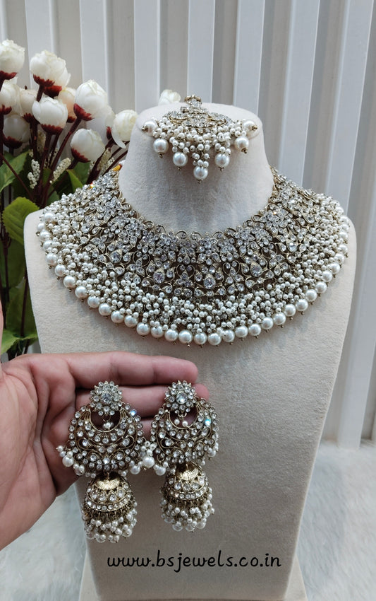 White Antique Gold Necklace Jewellery Rcb Set