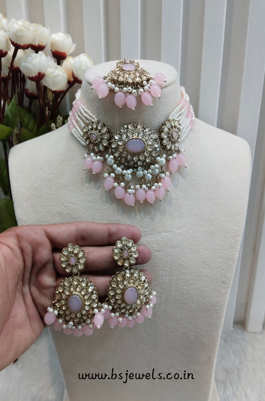 Pink Antique Gold Choker Jewellery Porel Set