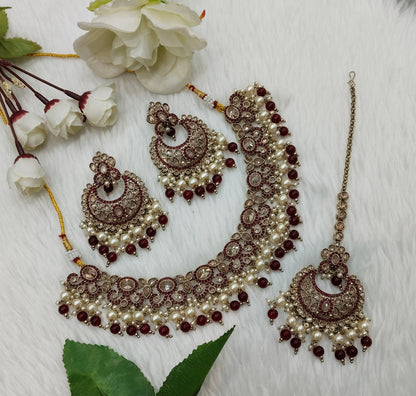 Maroon Antique Gold Necklace Jewellery Mangu Set