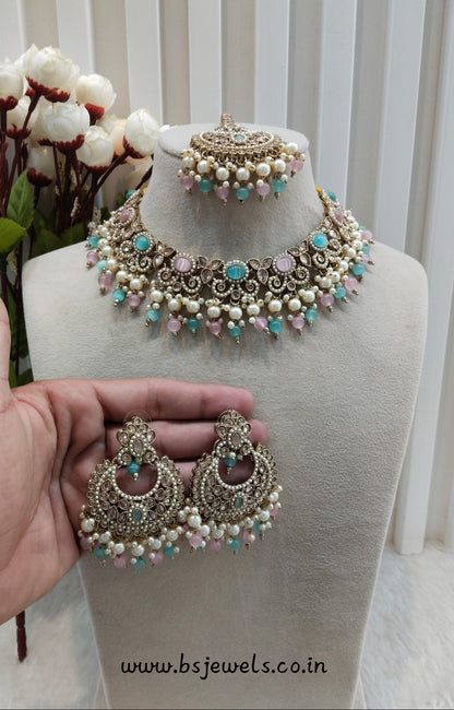 Mint Pink Antique Gold Necklace Jewellery Mangu Set