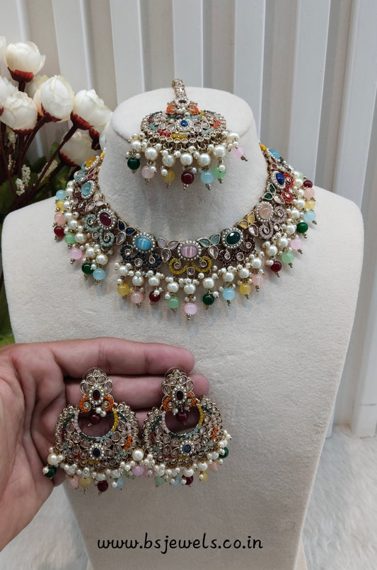 Multi Color Antique Gold Necklace Jewellery Mangu Set