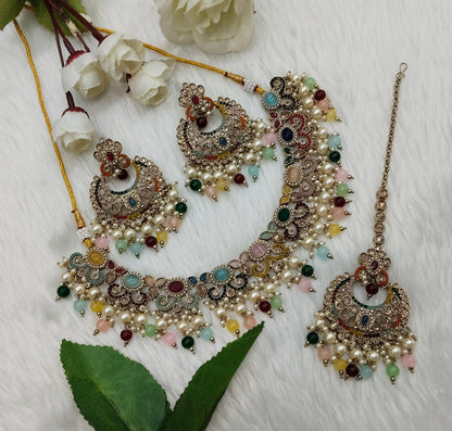 Multi Color Antique Gold Necklace Jewellery Mangu Set