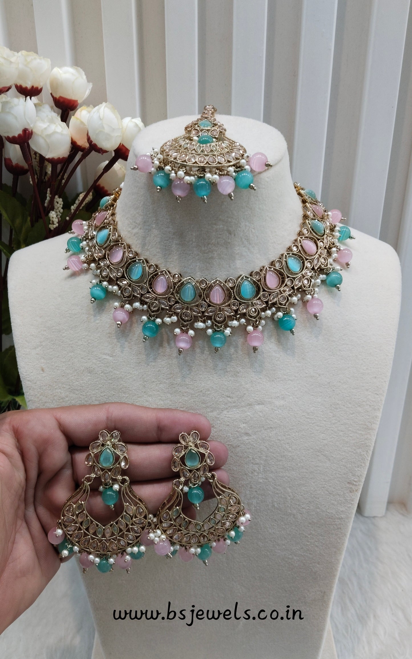 Mint Pink Antique Gold Necklace Jewellery Arya Set