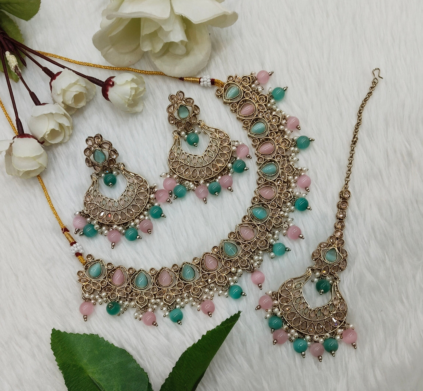 Mint Pink Antique Gold Necklace Jewellery Arya Set