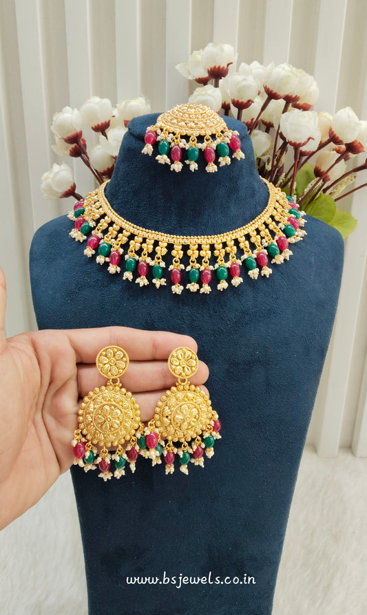 Ruby Green Gold Polki Punjabi Nacklace Birpal set