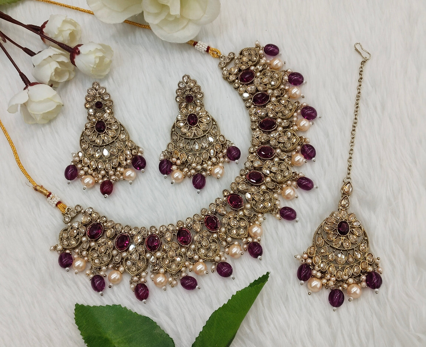 Purple Antique Gold Necklace Jewellery Rasha Set
