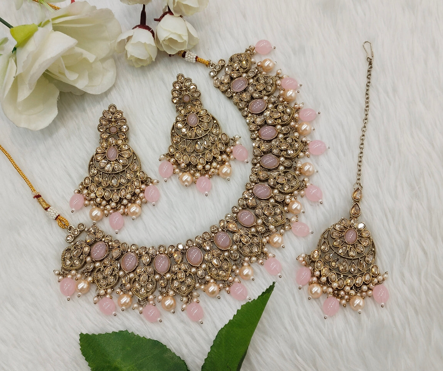 Pink Antique Gold Necklace Jewellery Rasha Set
