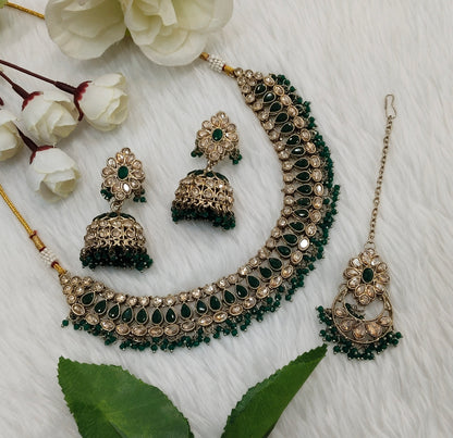 Green Antique Gold Necklace Jewellery Gora Set