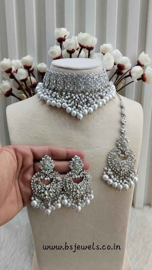 Silver White Choker Jewellery Siki Set