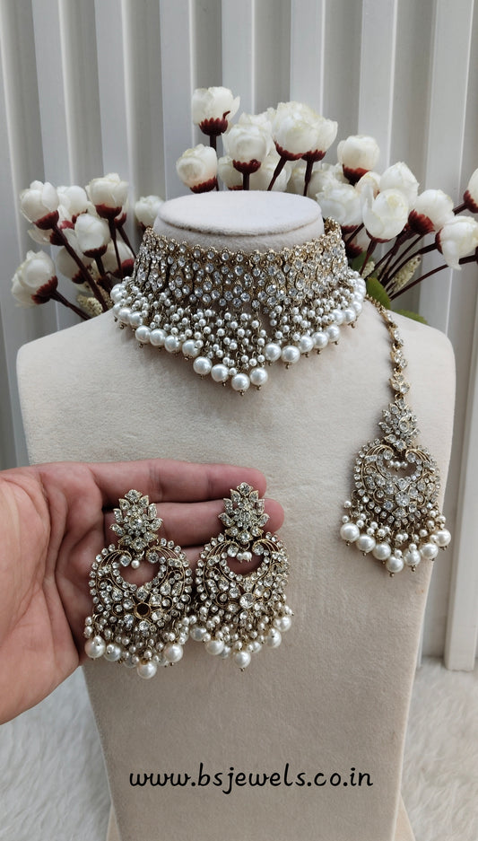 White Antique Gold Choker Jewellery Siki Set
