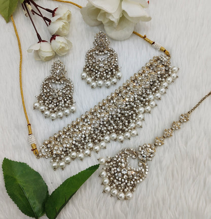 White Antique Gold Choker Jewellery Siki Set