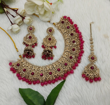 Rani Pink Antique Gold Necklace Jewellery Meenu Set