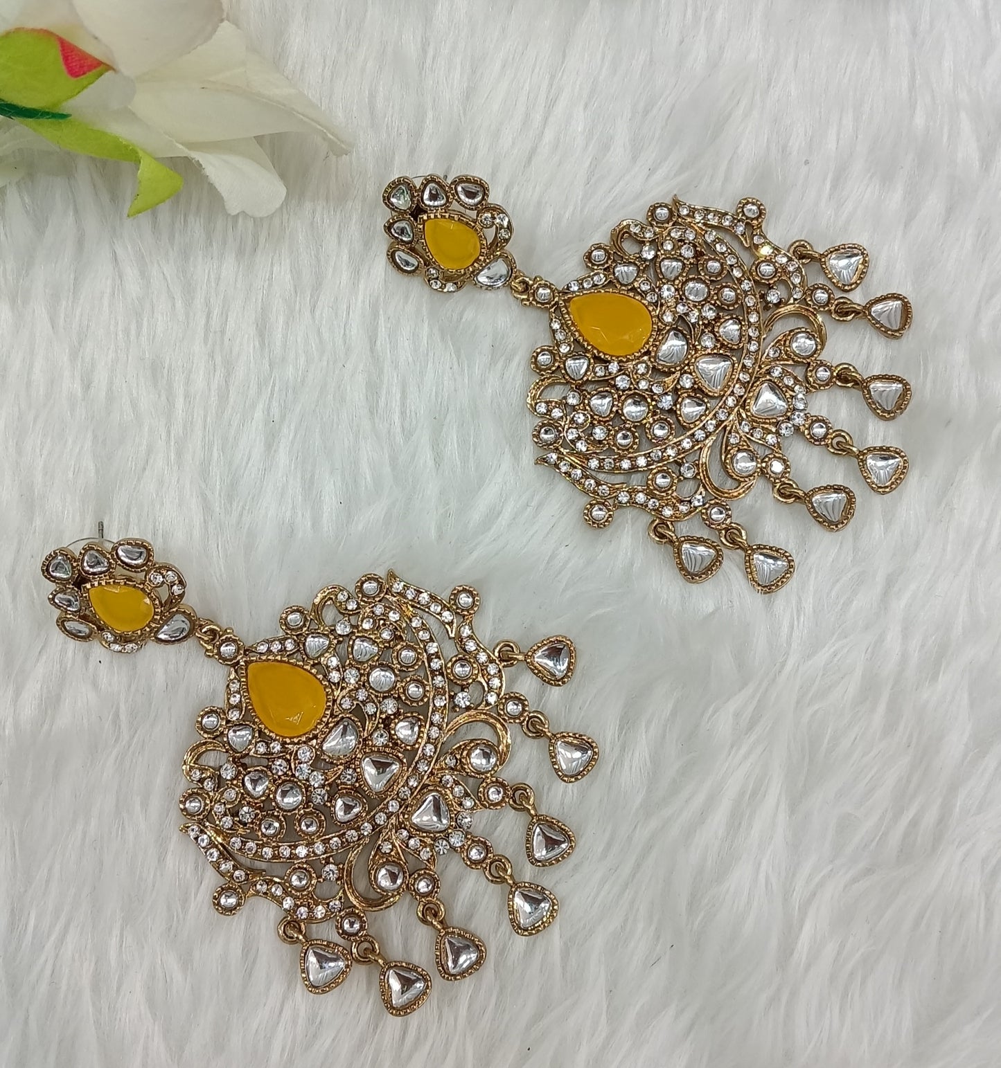 Yellow Antique Gold Bollywood Yadav Earrings