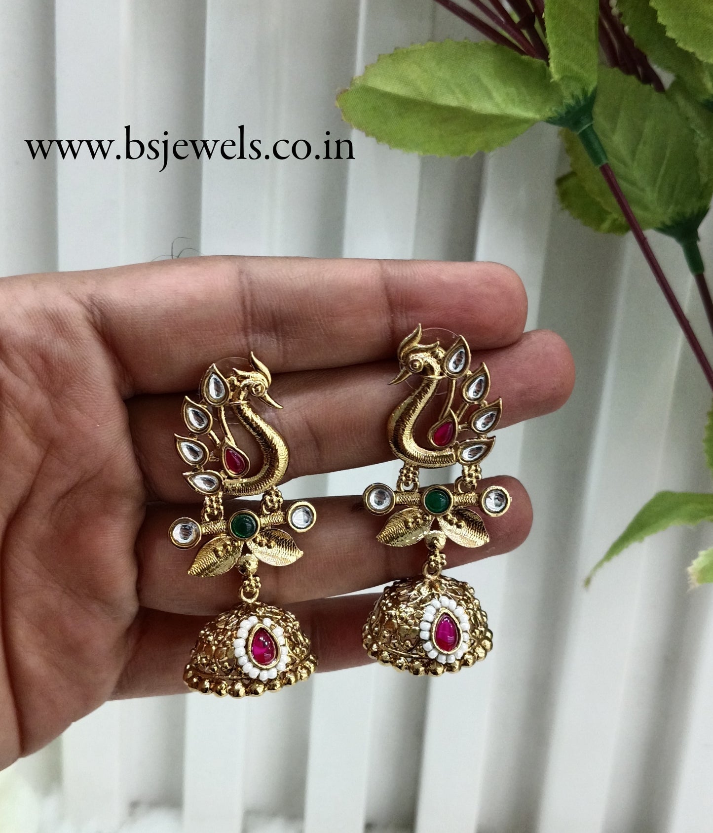 Ruby Green Gold Jhumki Bollywood Sukh Earrings