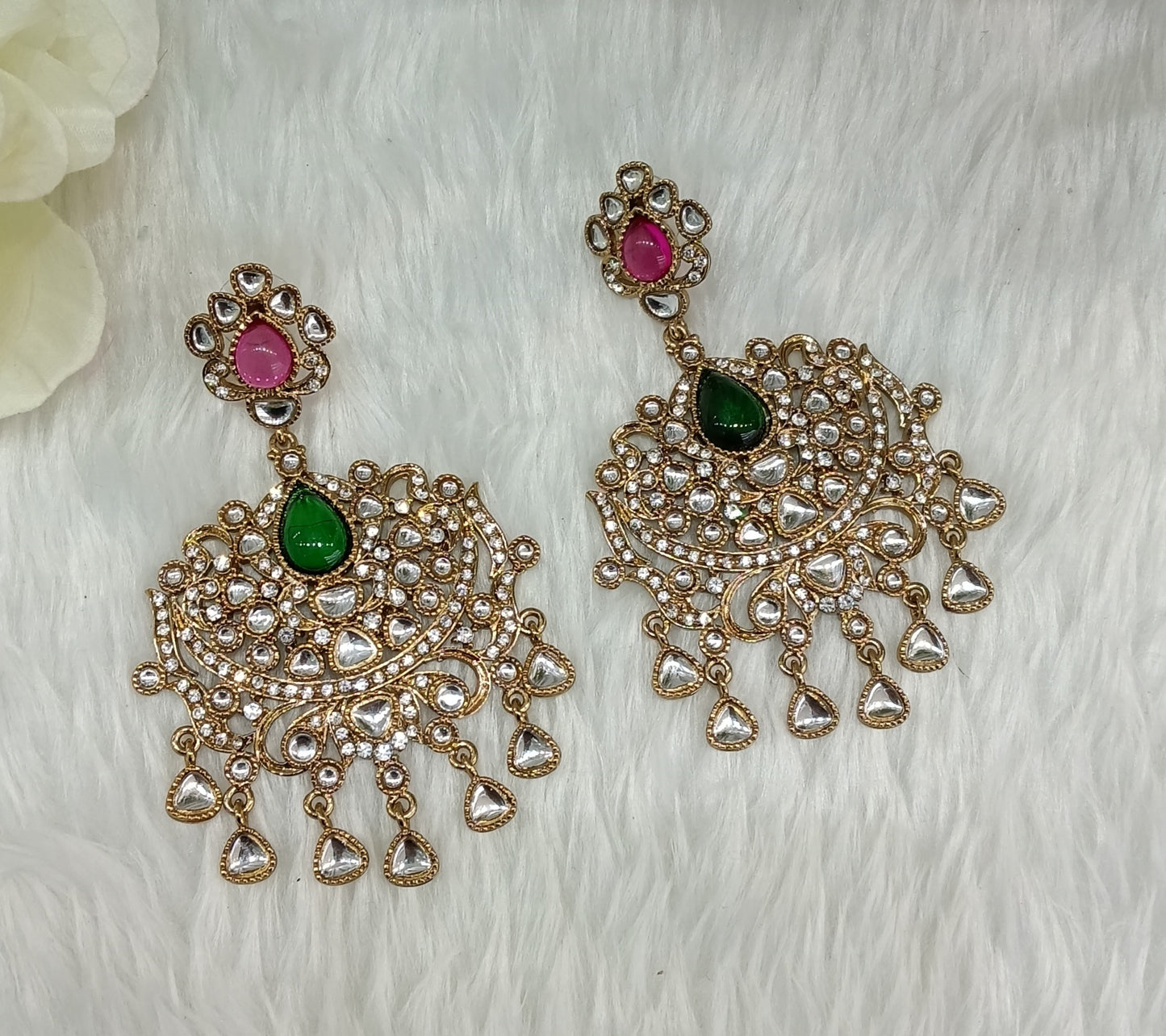 Majenta Green Antique Gold Bollywood Yadav Earrings