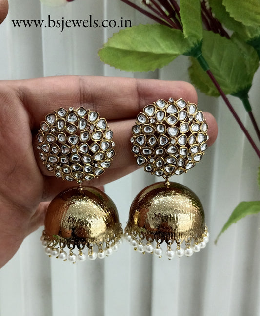 White Gold Kundan Jhumki Bollywood Shon Earrings