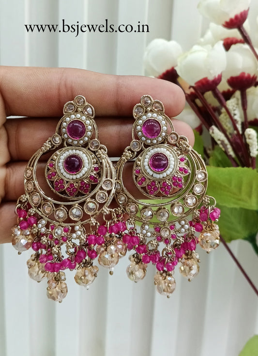 Dark Pink Kundan Chandbali Bollywood Dvinder Earrings