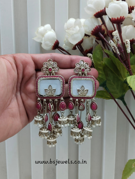 Dark Pink White Antique Gold Bollywood Ravi Earrings