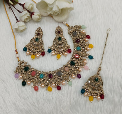 Multi Color Antique Gold Necklace Jewellery Rasha Set