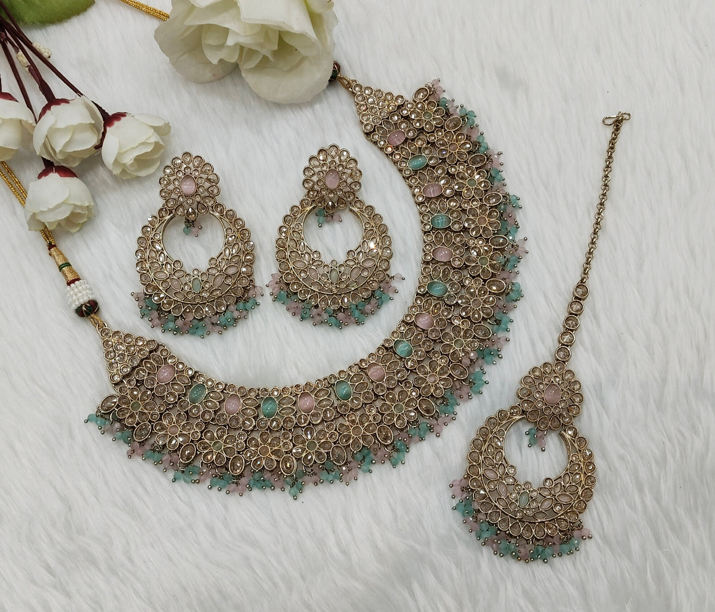 Mint Pink Antique Gold Necklace Jewellery Gopi Set