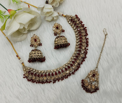 Maroon Antique Gold Necklace Jewellery Gora Set