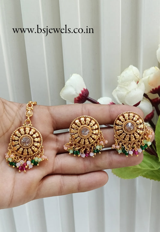 Multi Color Gold Polki Punjabi Style Earrings and Tikka