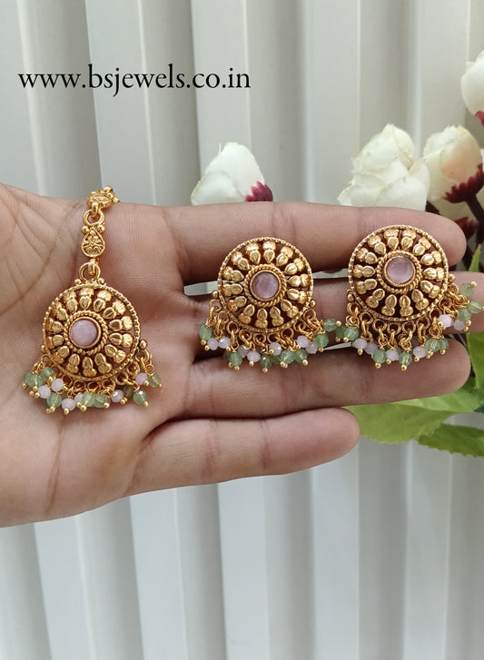 Mint Pink Gold Polki Punjabi Style Earrings and Tikka