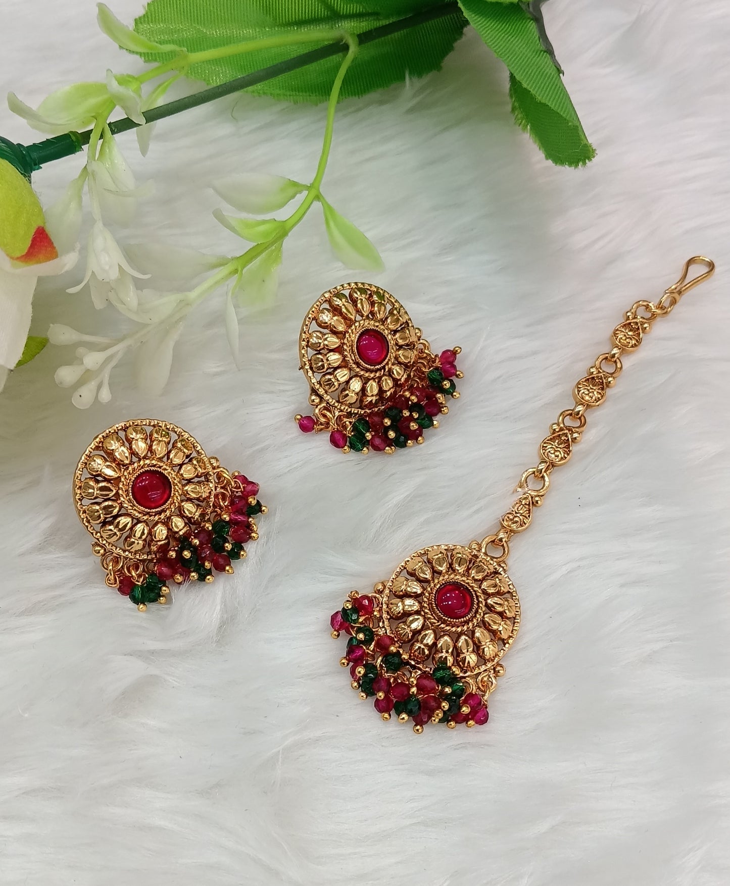 Ruby Green Gold Polki Punjabi Style Earrings and Tikka