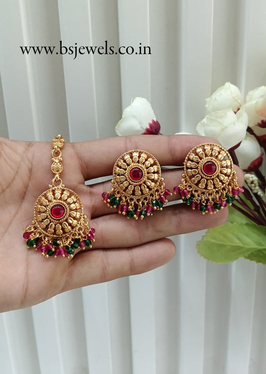 Ruby Green Gold Polki Punjabi Style Earrings and Tikka