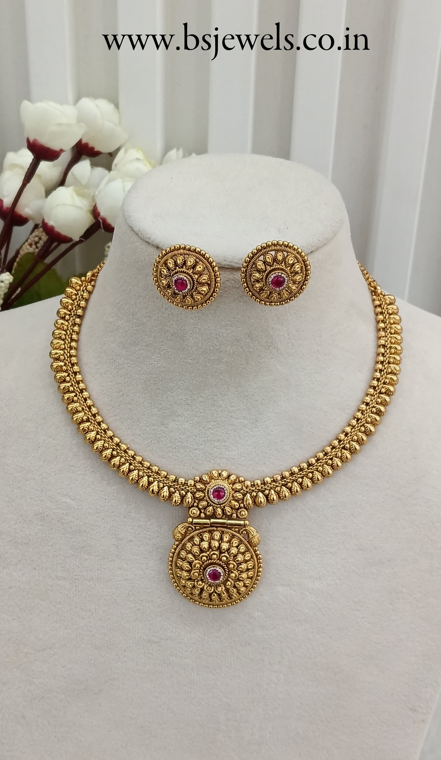 Ruby Gold Polki Necklace Jewellery Harf Set