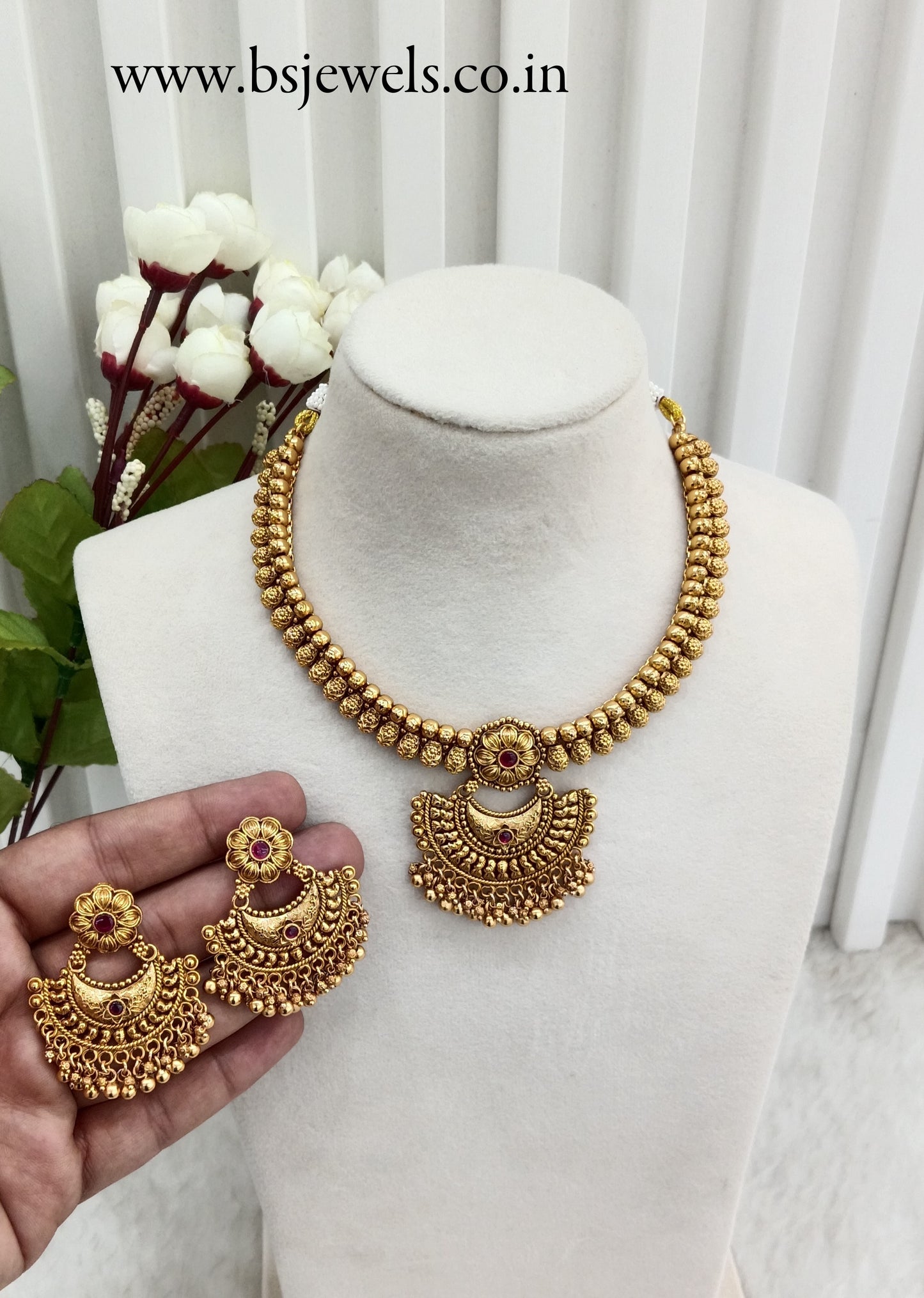 Ruby Gold Polki Necklace Jewellery Harf Set