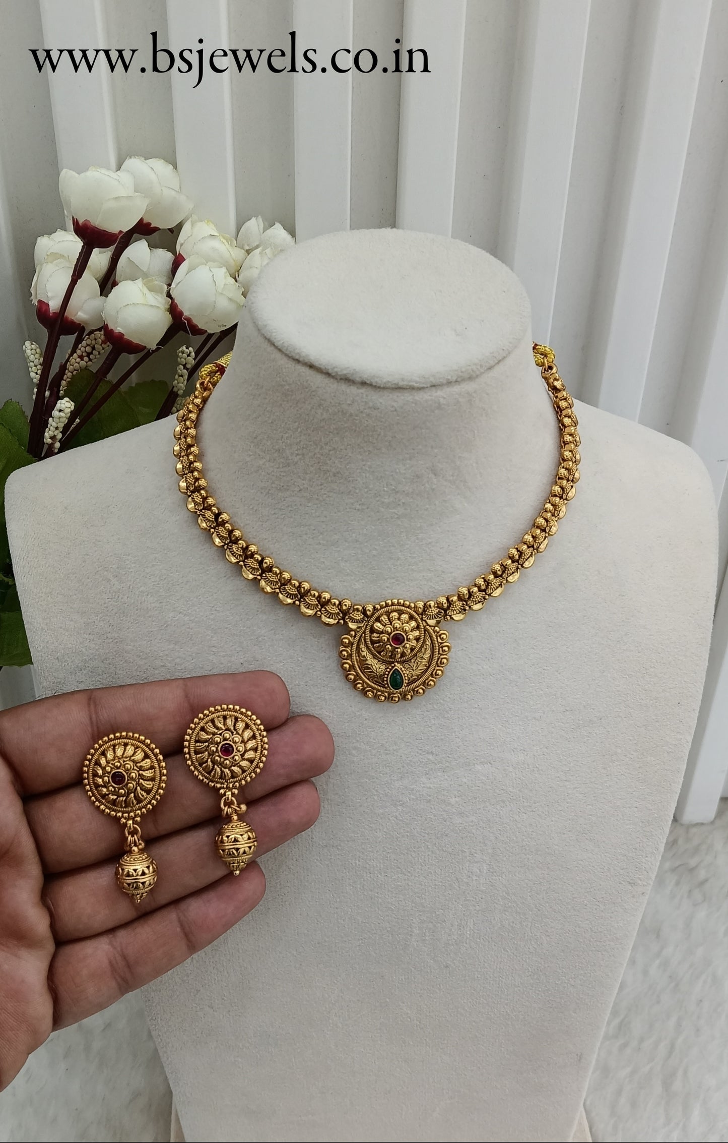 Ruby Green Gold Polki Necklace Jewellery Harf Set