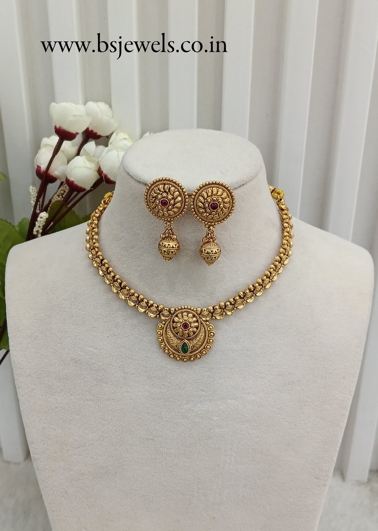Ruby Green Gold Polki Necklace Jewellery Harf Set