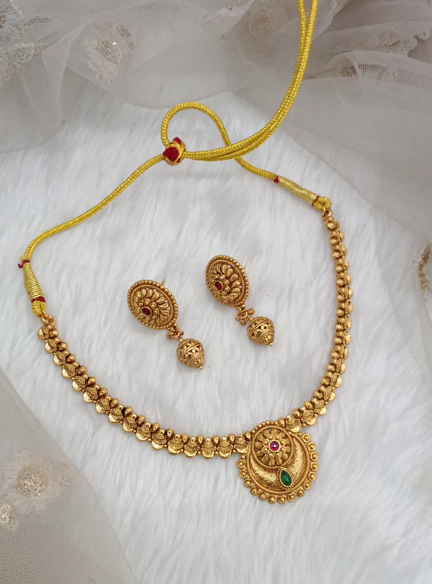 Ruby Green Gold Polki Necklace Jewellery Harf Set