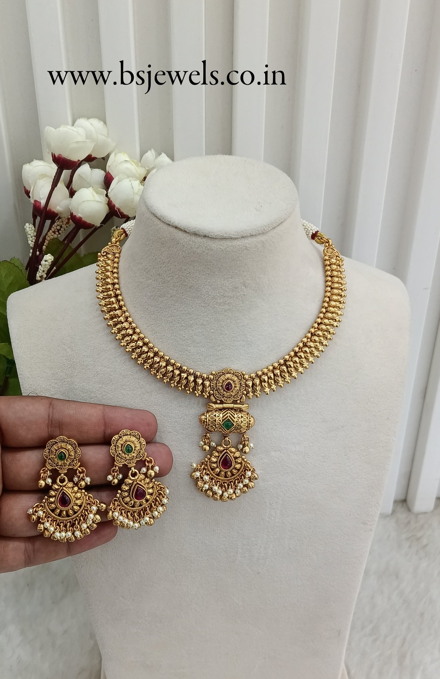 Ruby Green Gold Polki Necklace Jewellery Harf Set
