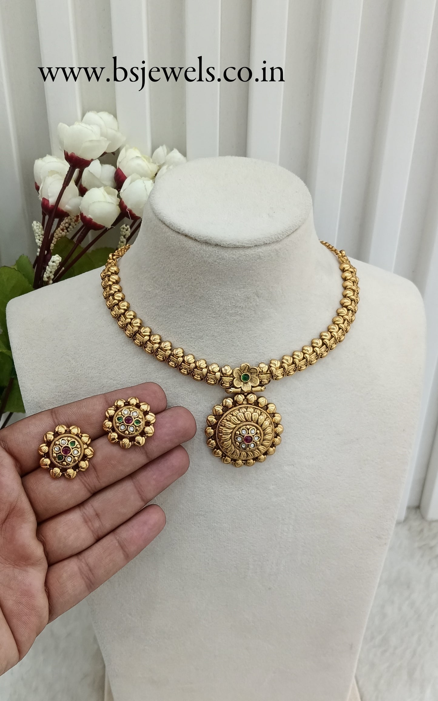 Ruby Green Gold Polki Necklace Jewellery Harf Set