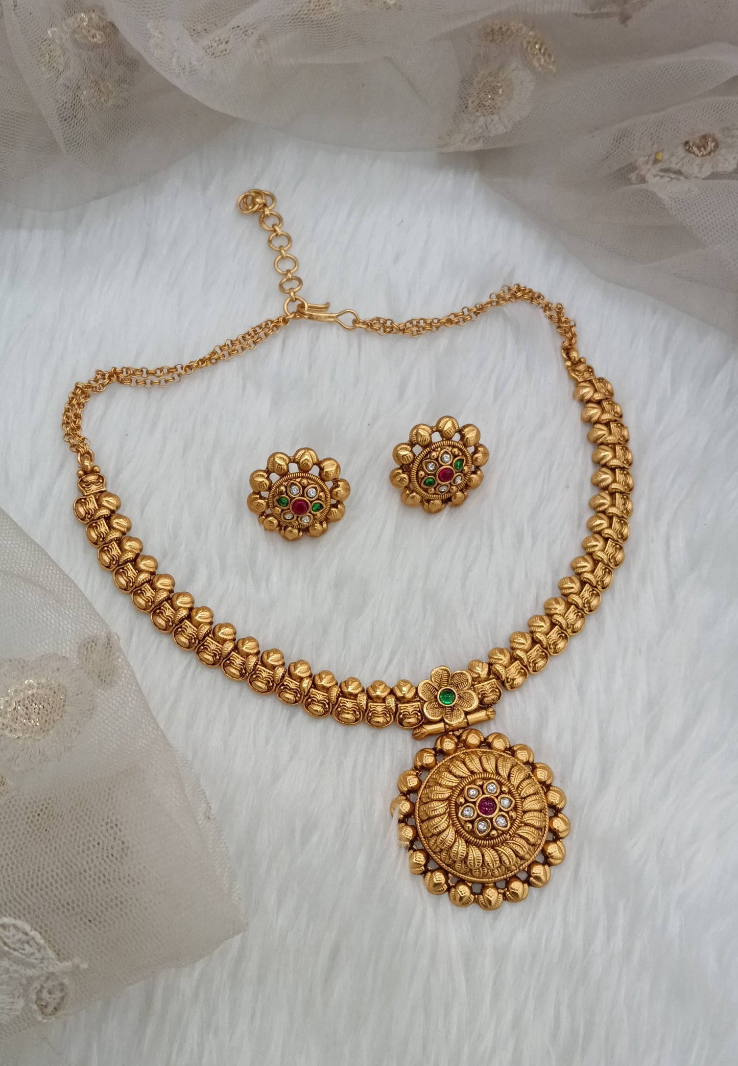 Ruby Green Gold Polki Necklace Jewellery Harf Set