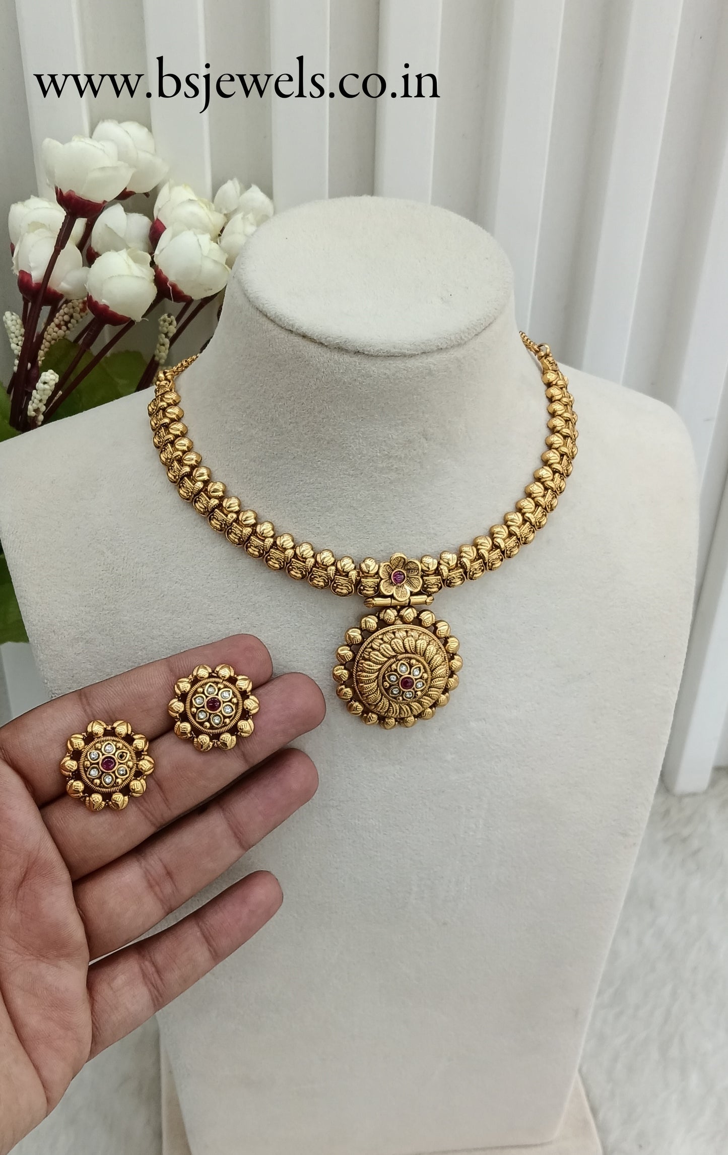 Ruby Gold Polki Necklace Jewellery Harf Set