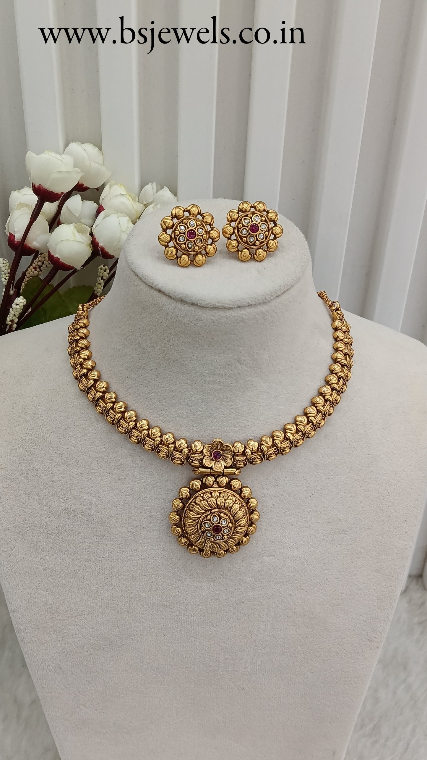 Ruby Gold Polki Necklace Jewellery Harf Set