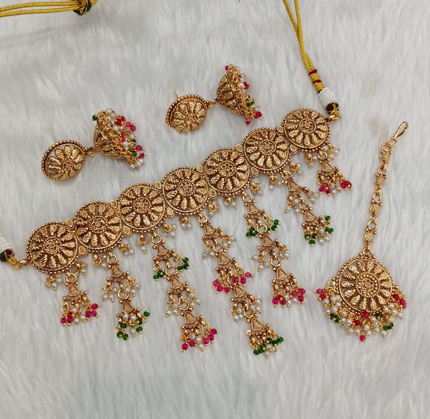 Ruby Green Gold Polki Jhumki Choker Jewellery Agam Set