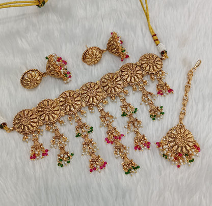 Ruby Green Gold Polki Jhumki Choker Jewellery Agam Set