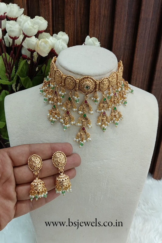 Ruby Green Gold Polki Jhumki Choker Jewellery Agam Set